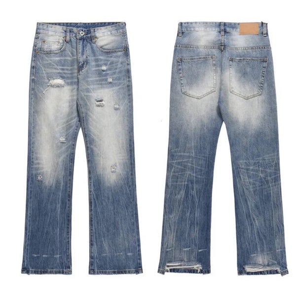Jeans unisexe streetwear coupe denim bleu déchiré, pantalon évasé d'été