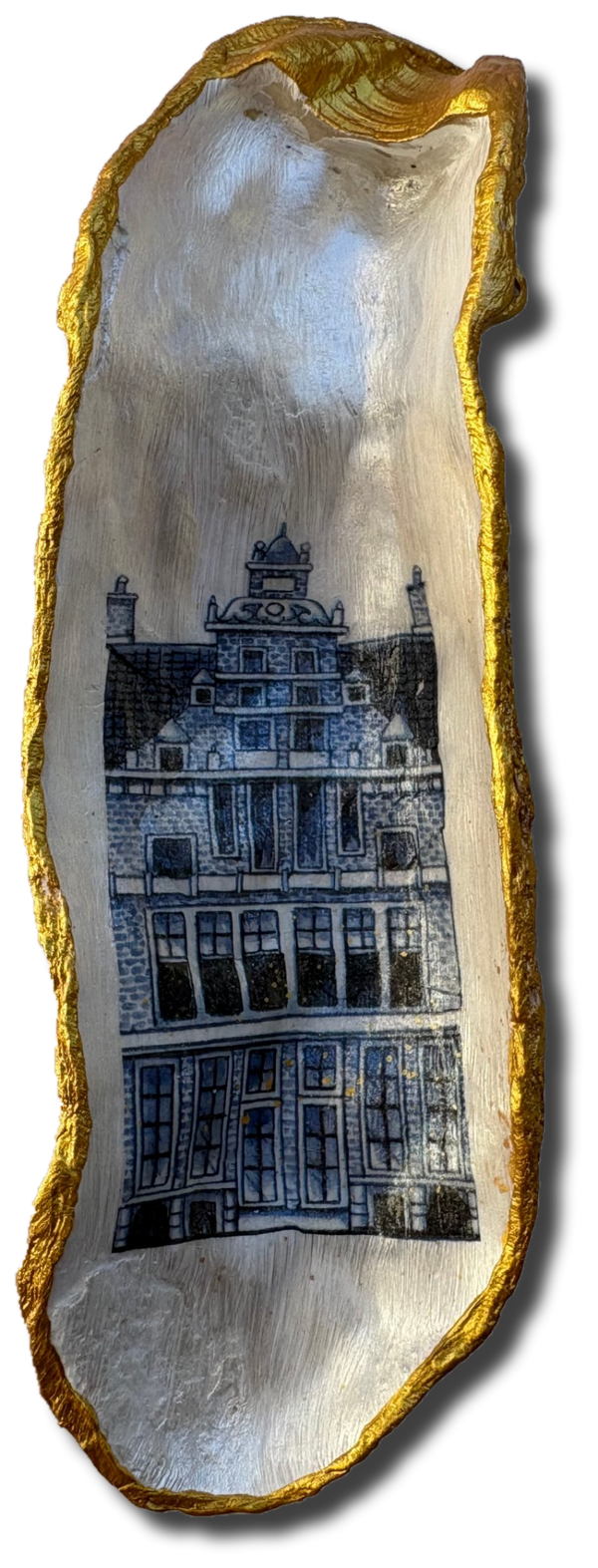 Delfts blauw grachtenpand op gouden oesterschelp – XL (7186)