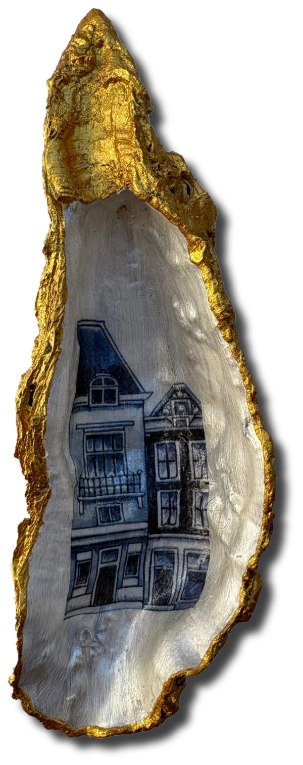 Delfts blauw grachtenpand op gouden oesterschelp – XL (7204)
