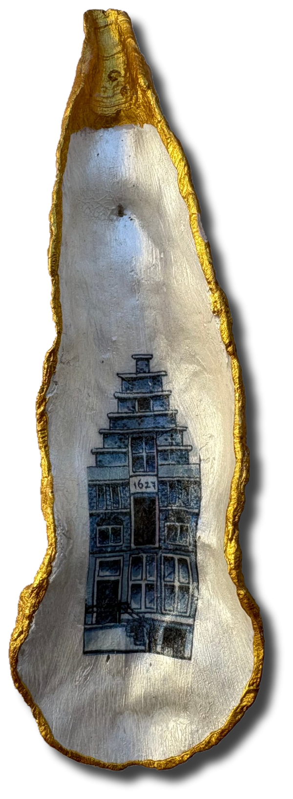 Delfts blauw grachtenpand op gouden oesterschelp – XL (7931)