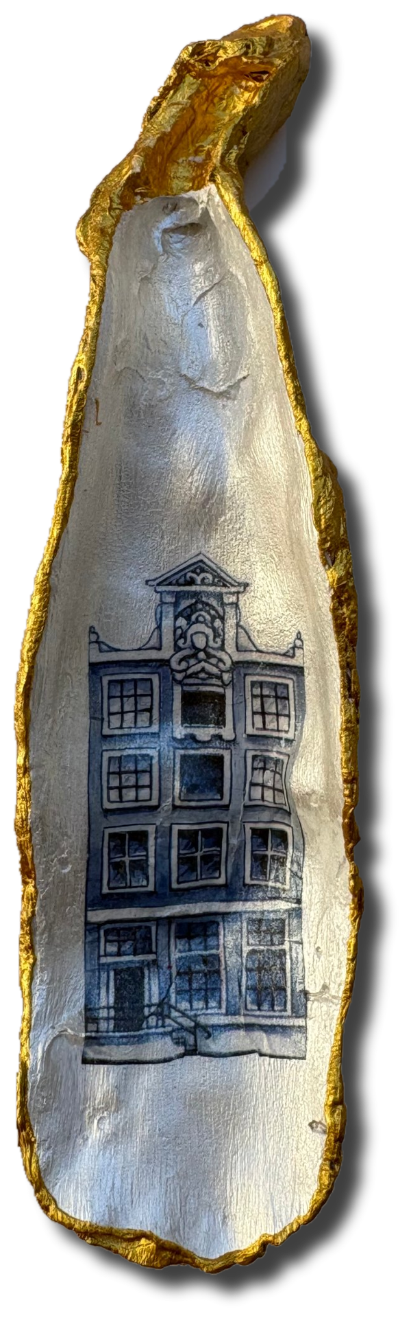 Delfts blauw grachtenpand op gouden oesterschelp – XL (7941)