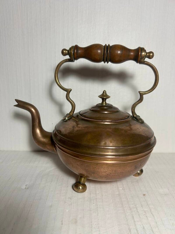 Vintage Copper Kettle with Brass feet and Wooden Handle