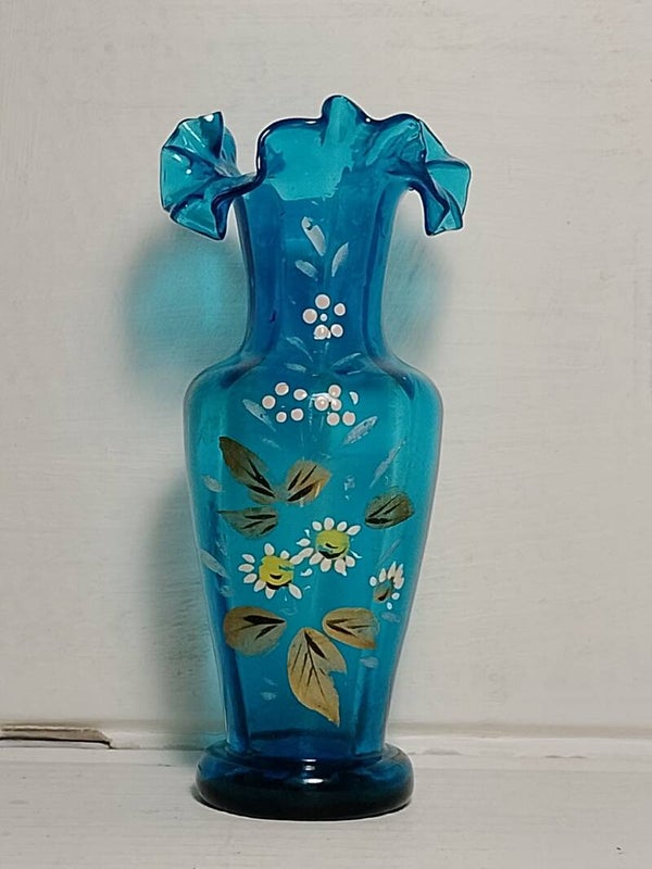 Victorian Hand painted blue glass vase.