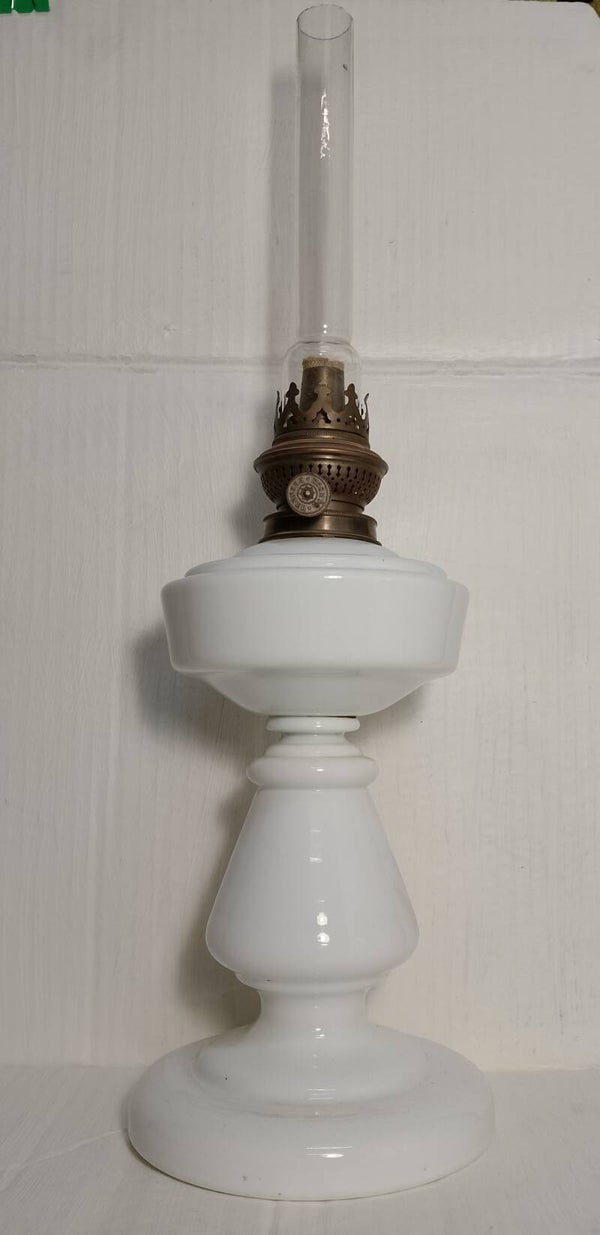 Antique opal Bismarck kerosene oil lamp.