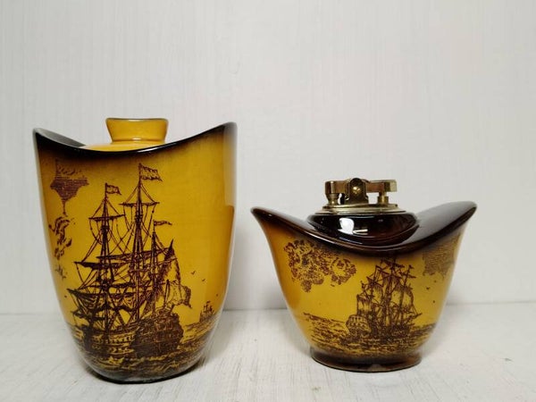 Ship motive Cigarette lighter and lidded pot by Wales of Japan