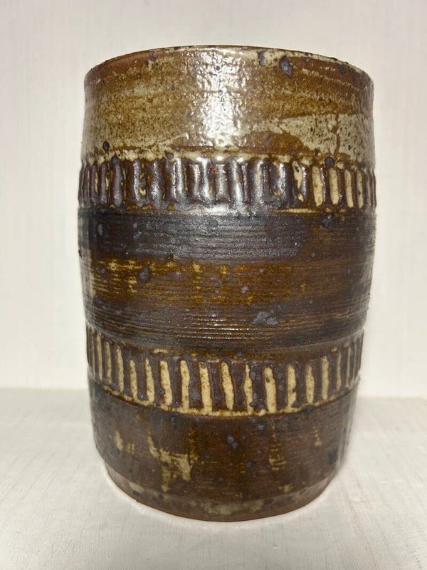 Vintage Handmade Cylindrical Stoneware Vase