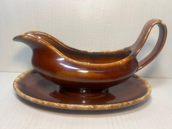 Vintage Drip Glazed Pottery Sauce Jug and Saucer