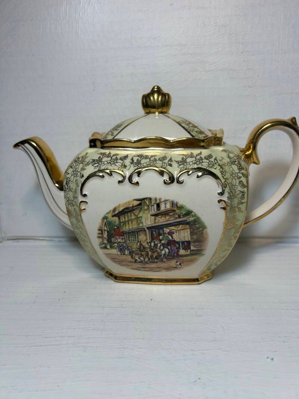 Mint Green Teapot with a Coaching Scene by James Sadler and Sons
