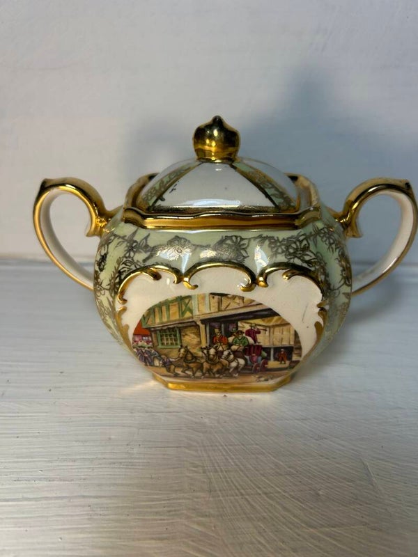 Mint Green Coaching Scene Lidded Sugar Bowl by James Sadler and Sons