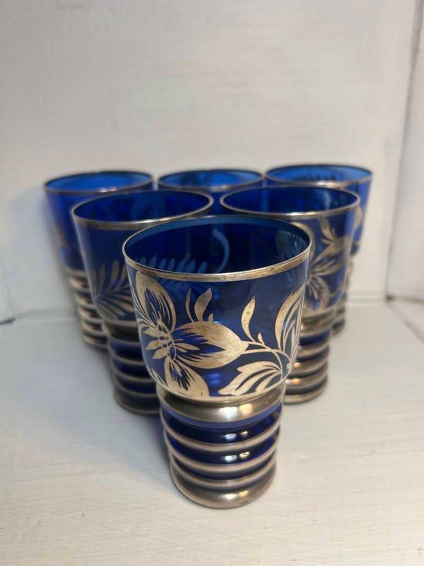 Set of Six Bohemian Colbalt Blue with Silver Overlay Liqueur Glasses