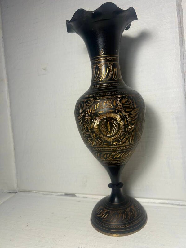 Vintage Engraved Black and Gold Metal Vase