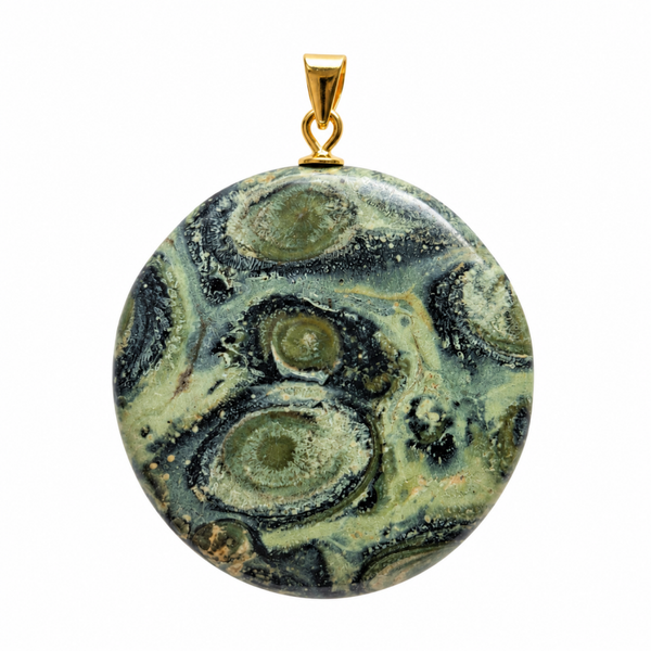 Kambaba Jaspis hanger cabochon rond groot gold plated