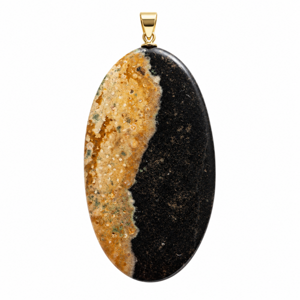 Versteend Palmhout hanger cabochon ovaal groot gold plated