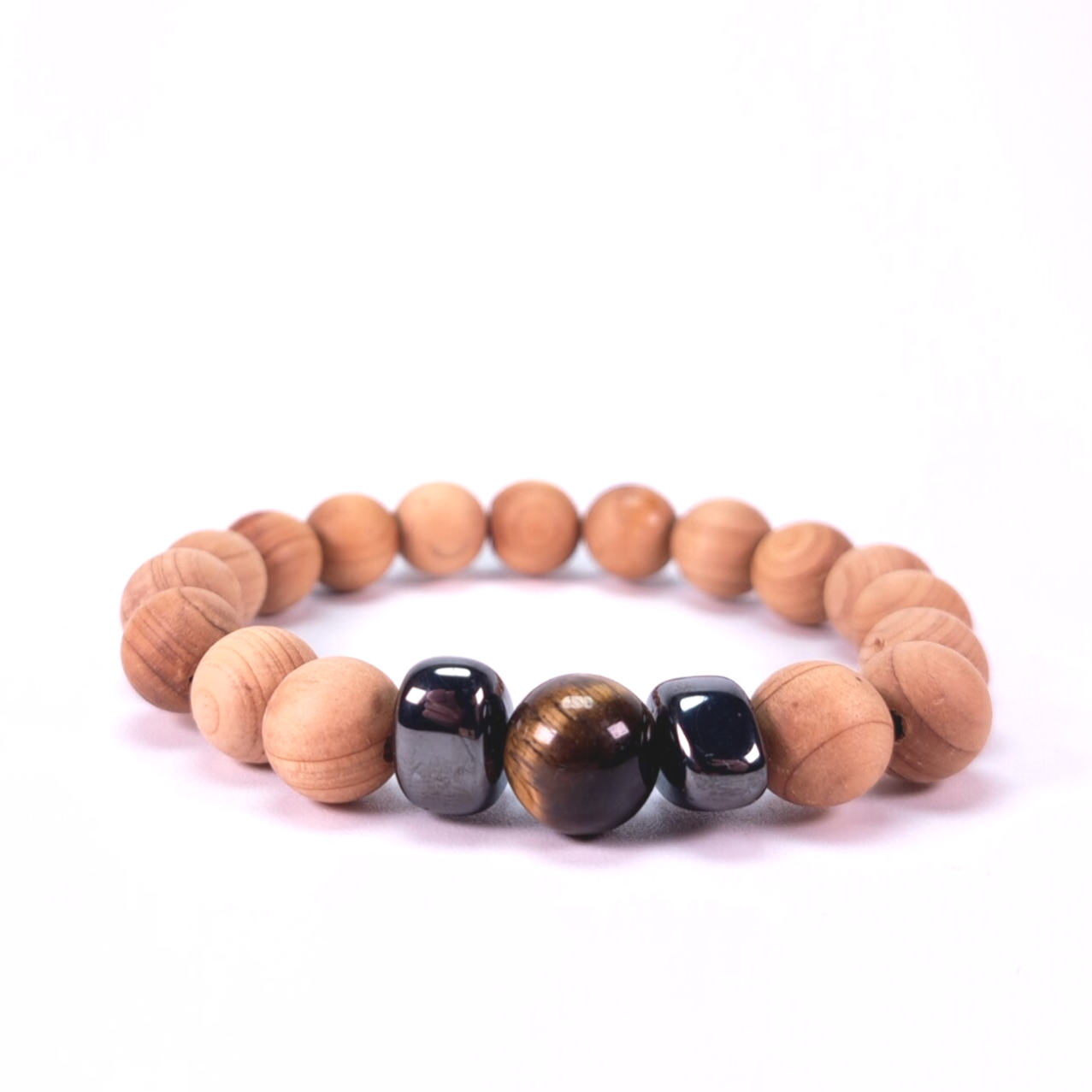 Cederhout armband met Tijgeroog-Hematiet 8-10mm