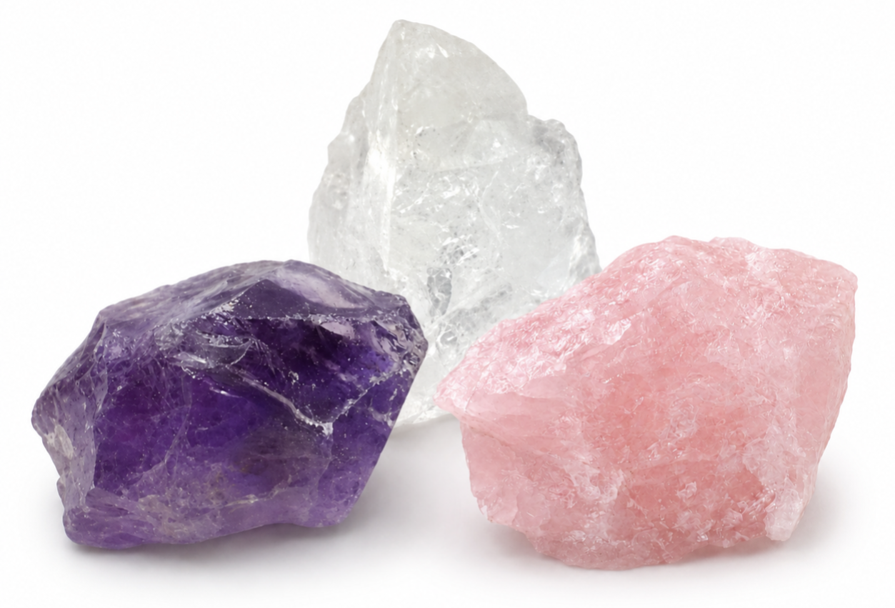 Gouden driehoek goldeen triangle amethist bergkristal rozenkwarts amethyst clear quartz rose