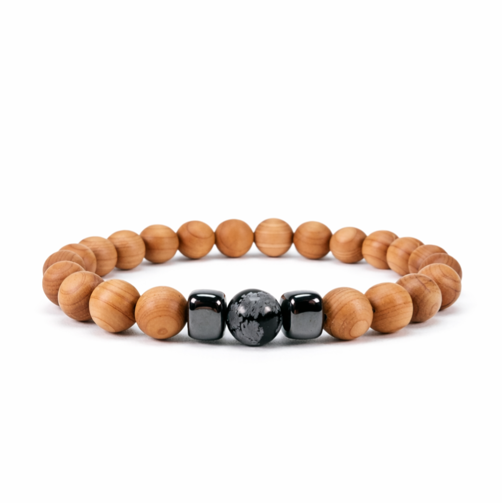 Cederhout armband met Sneeuwvlok Obsidiaan-Hematiet 8-10mm
