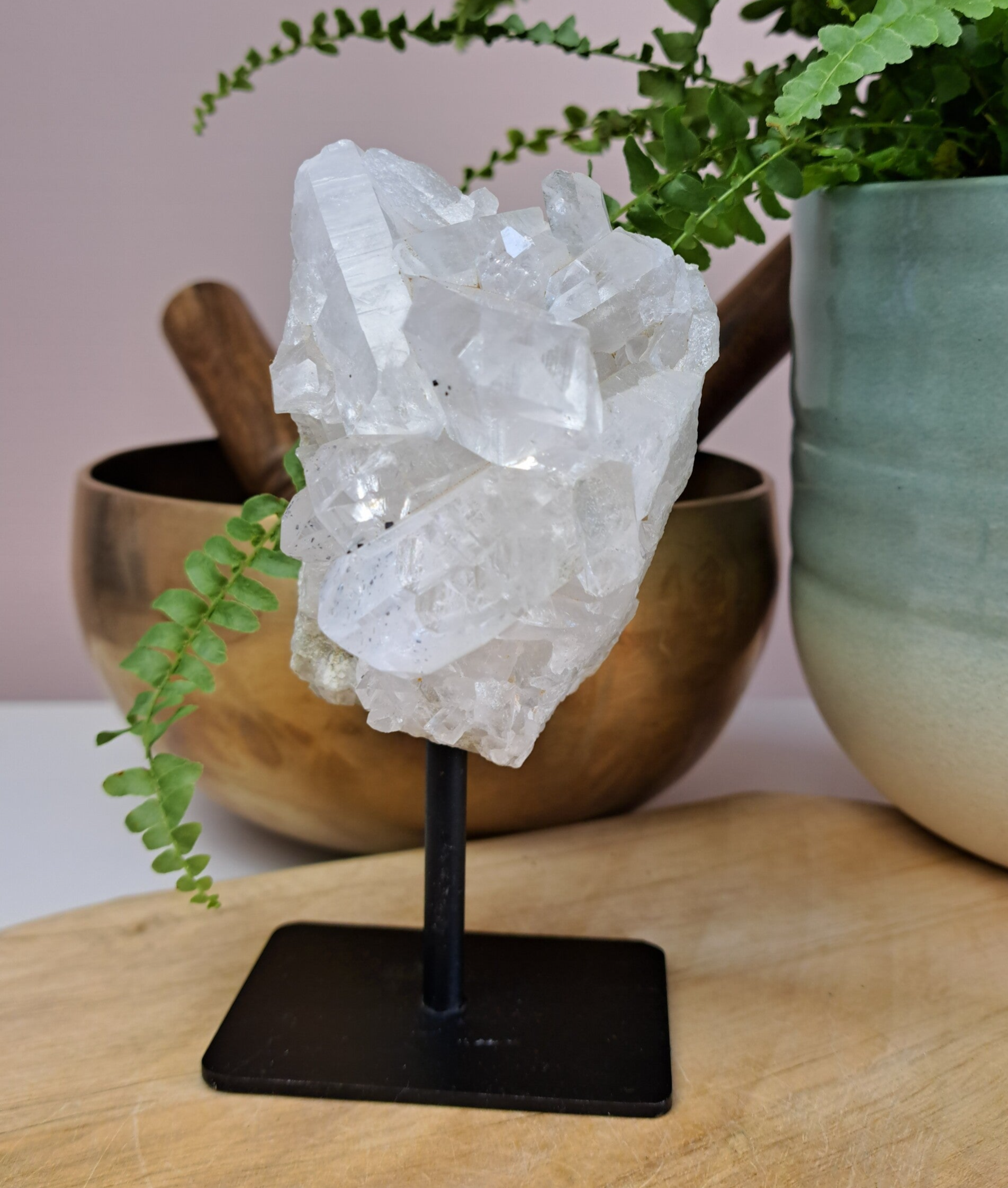 Bergkristal punten met Hematiet en Anatase op standaard nr. 21