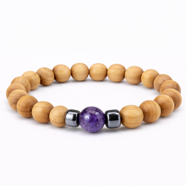 Cederhout armband met Amethist-Hematiet 8-10mm
