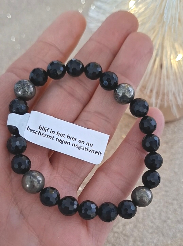 Pyriet en Zwarte Toermalijn 8mm facet (armband)