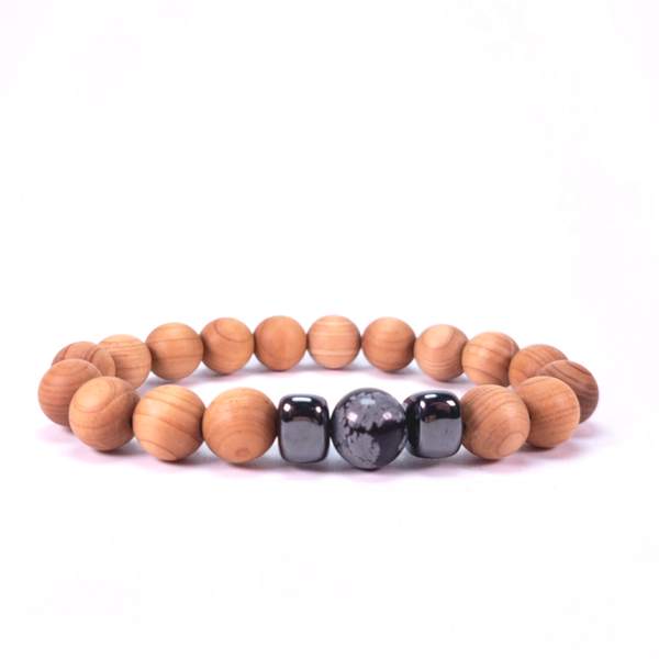 Cederhout armband met Sneeuwvlok Obsidiaan-Hematiet 8-10mm