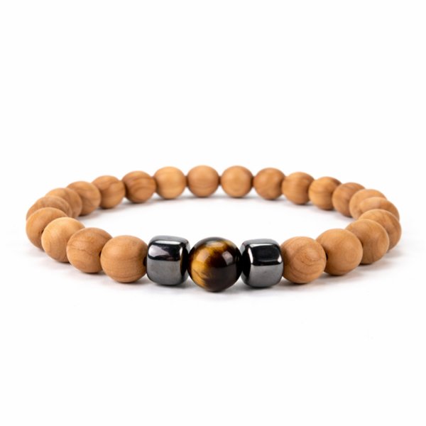 Cederhout armband met Tijgeroog-Hematiet 8-10mm
