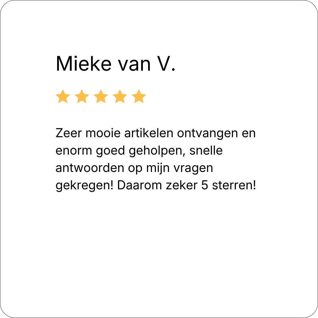 review: Zeer mooie artikelen ontvangen en enorm goed geholpen, snelle antwoorden op mijn vragen gekregen! Daarom zeker 5 sterren!