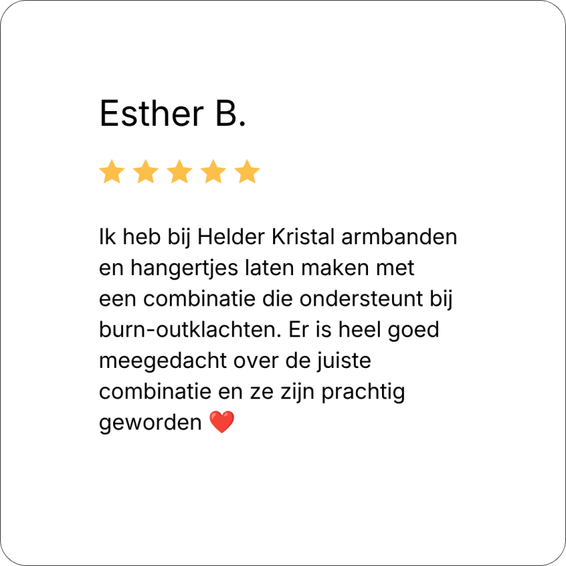 review: Ik heb bij Helder Kristal armbanden en hangertjes laten maken met een combinatie die ondersteunt bij burn-outklachten. Er is heel goed meegedacht over de juiste combinatie en ze zijn prachtig geworden ❤️