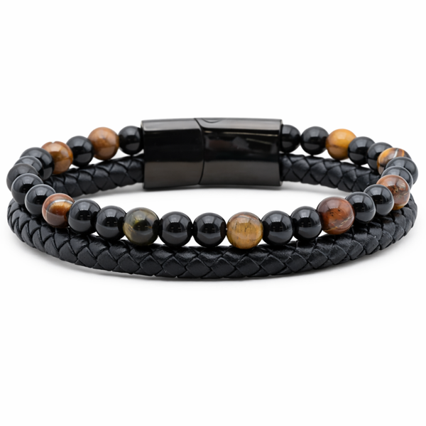 Tijgeroog Onyx Leer 6 mm herenarmband