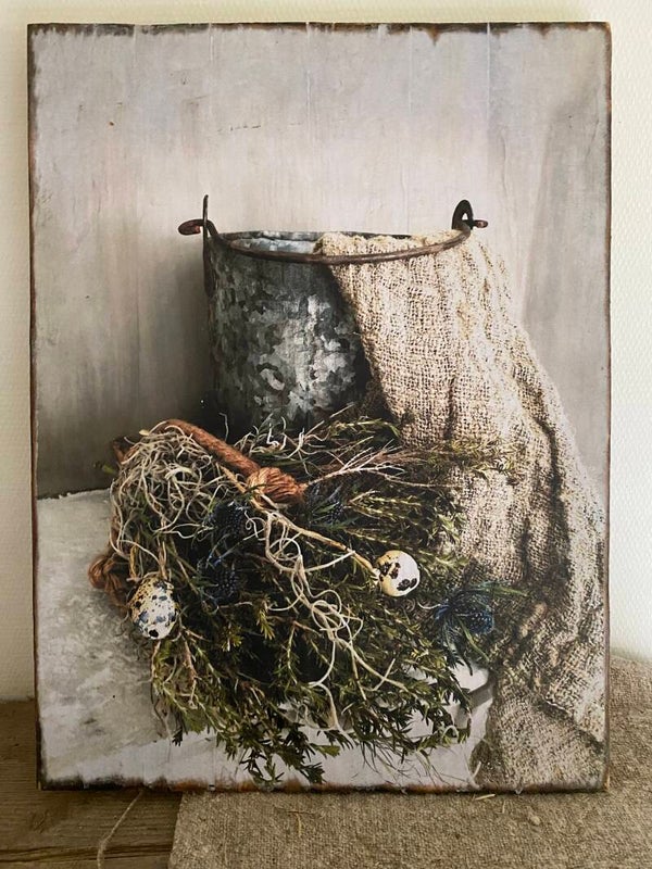 Oudlook bord zinken pot met kwarteleitjes