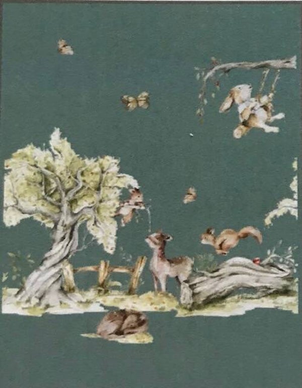 Wanddoek blauw/groen konijntje