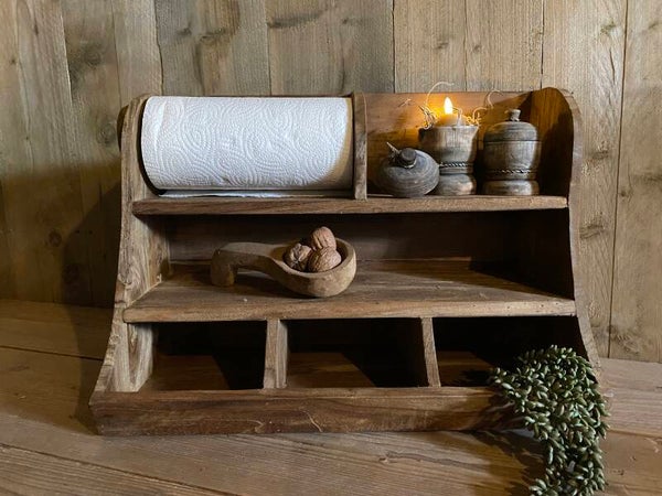 Houten gruttersbak met keukenrolhouder