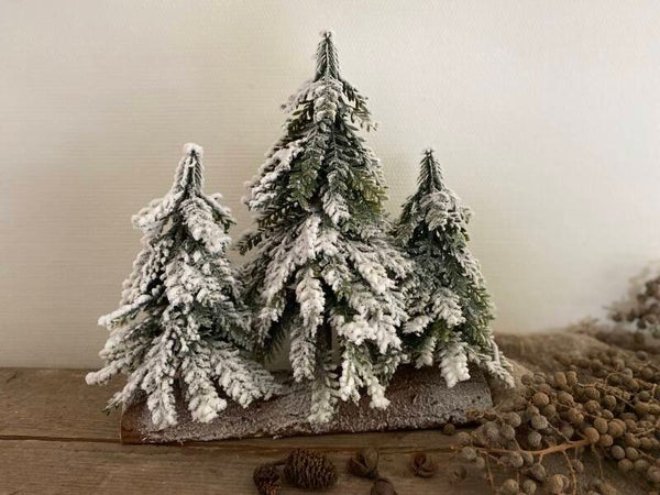 Drie kerstboompjes op een houten stam