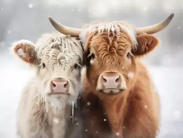 Tuinposter Schotse hooglanders in de sneeuw