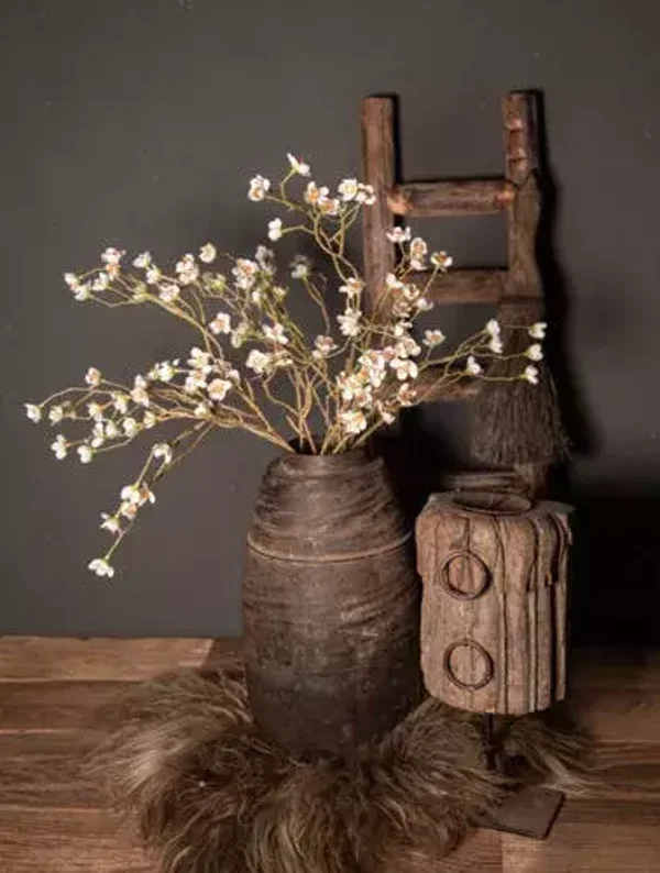 Tuinposter nepalese pot met witte bloemen en ladder