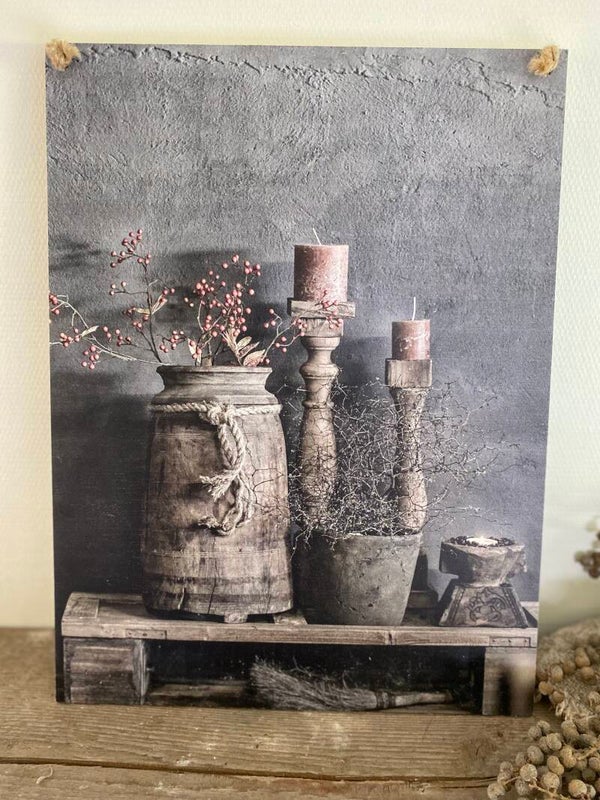 Houten paneel Nepalese pot en kandelaars