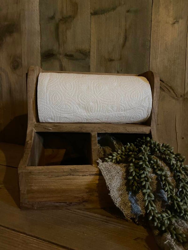 Houten gruttersbakje met keukenrolhouder