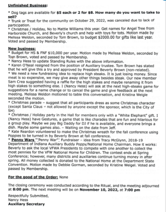 MEETING MINUTES/AGENDAS VFW Auxiliary Post 10093 Safety Harbor Florida