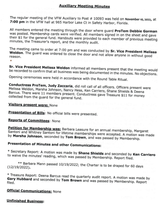 MEETING MINUTES/AGENDAS VFW Auxiliary Post 10093 Safety Harbor Florida