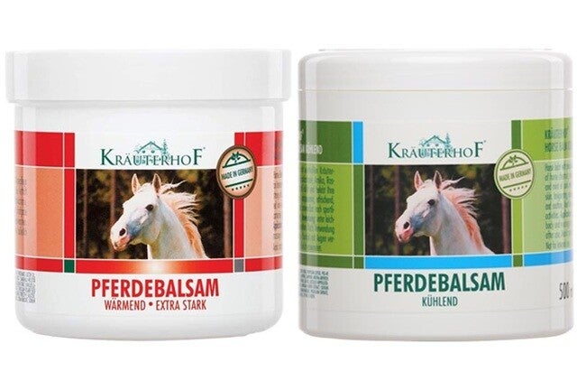 2 Potten Kräuterhof® waarvan 1x verwarmende en 1x verkoelende paardenbalsem 500ml per pot