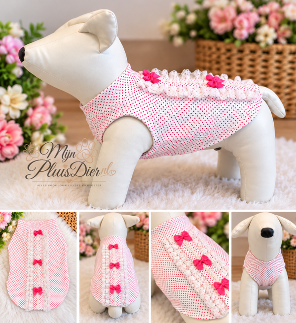 Honden shirt - wit met roze stippen