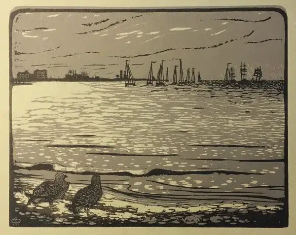 Anton Albers (Lausanne, 1877-1915)  Kleurenhoutsnede 'Die Rhede' 1902