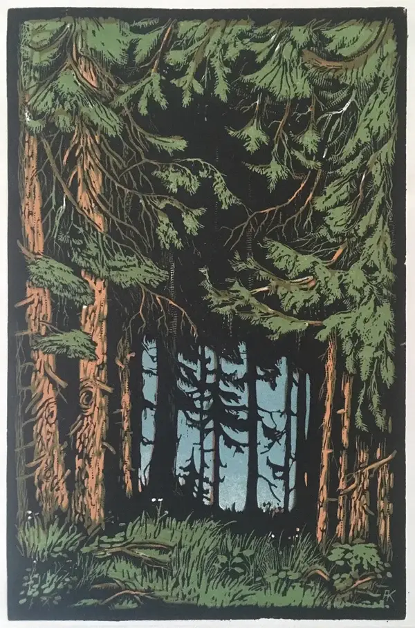 Adolf Kunst (Born 1882–1937 Germany)  Kleurenhoutsnede 'Dennen' ~1925