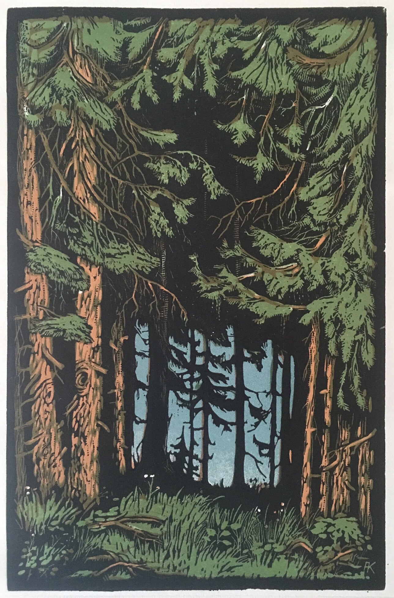 Adolf Kunst (1882–1937 Germany)  Kleurenhoutsnede 'Doorkijk in woud' ~1920