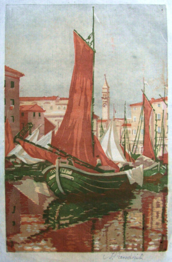 Aemilian Baudnik (Prag 1877~1930)  Houtsnede / Linosnede "Zeilschip in Venetië" ~1925  Gesigneerd met potlood