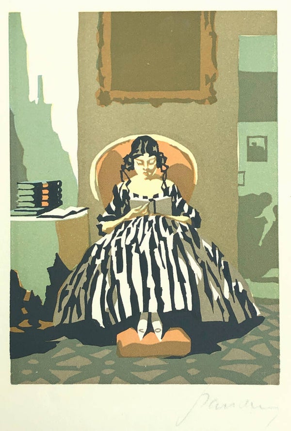 Aemilian Baudnik (Prag 1877~1930)  Houtsnede "Lezeres" ~1924  Gesigneerd met potlood