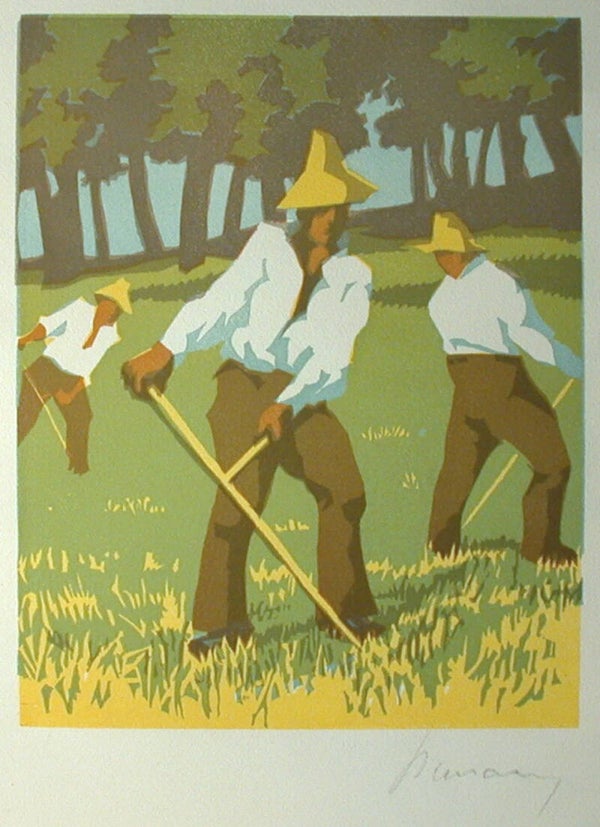 Aemilian Baudnik (Prag 1877~1930)  Houtsnede / Linosnede "Maaiers" ~1924  Gesigneerd met potlood