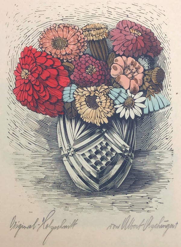 Albert Aichinger (1866- XX)  Houtsnede 'Chrysanten in vaas' ~1930  Gesigneerd met potlood