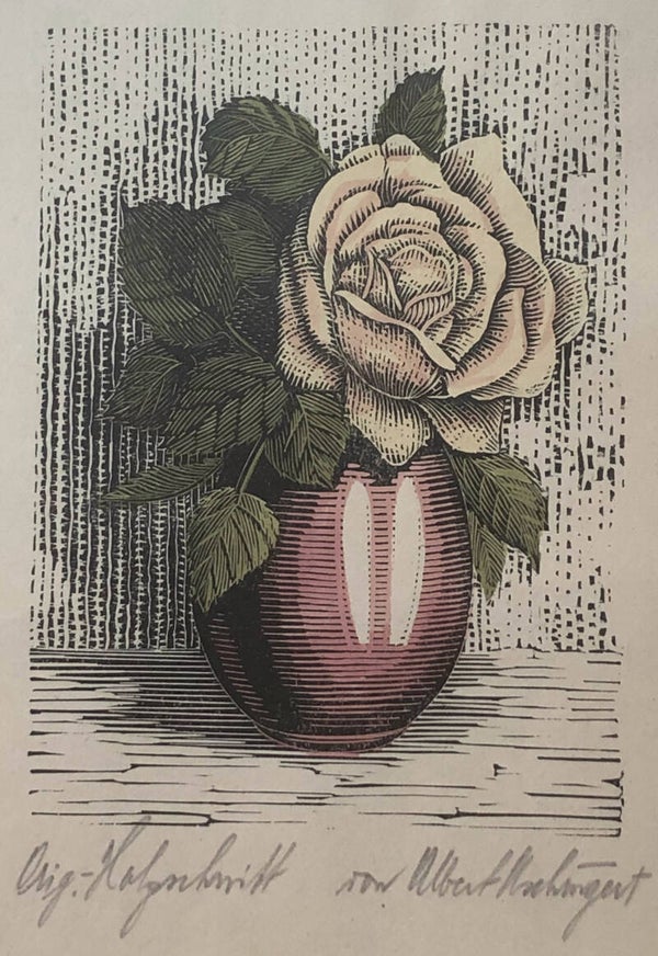 Albert Aichinger (1866-XX)  Kleurenhoutsnede 'Roosje' ~1925  Gesigneerd met potlood