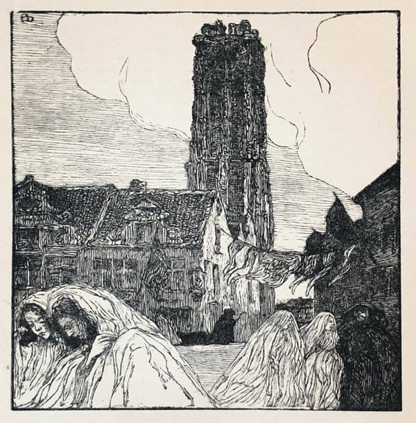 Albert Delstance (1870-1941)  Houtsnede 'Toren van Sint Romboud te Mechelen' ~1915