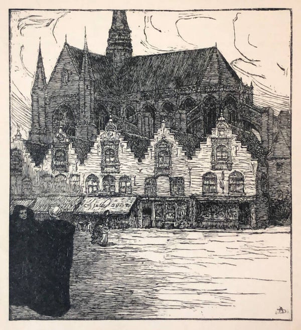 Albert Delstance (1870-1941) Houtsnede 'De Grote Markt te Veurne' ~1915